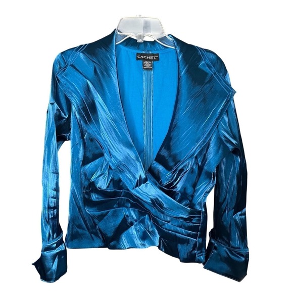 Cachet Blue Teal Satin Surplice Evening Blouse Ruched Waist 3/4 Sleeve Size 14 - Picture 5 of 10